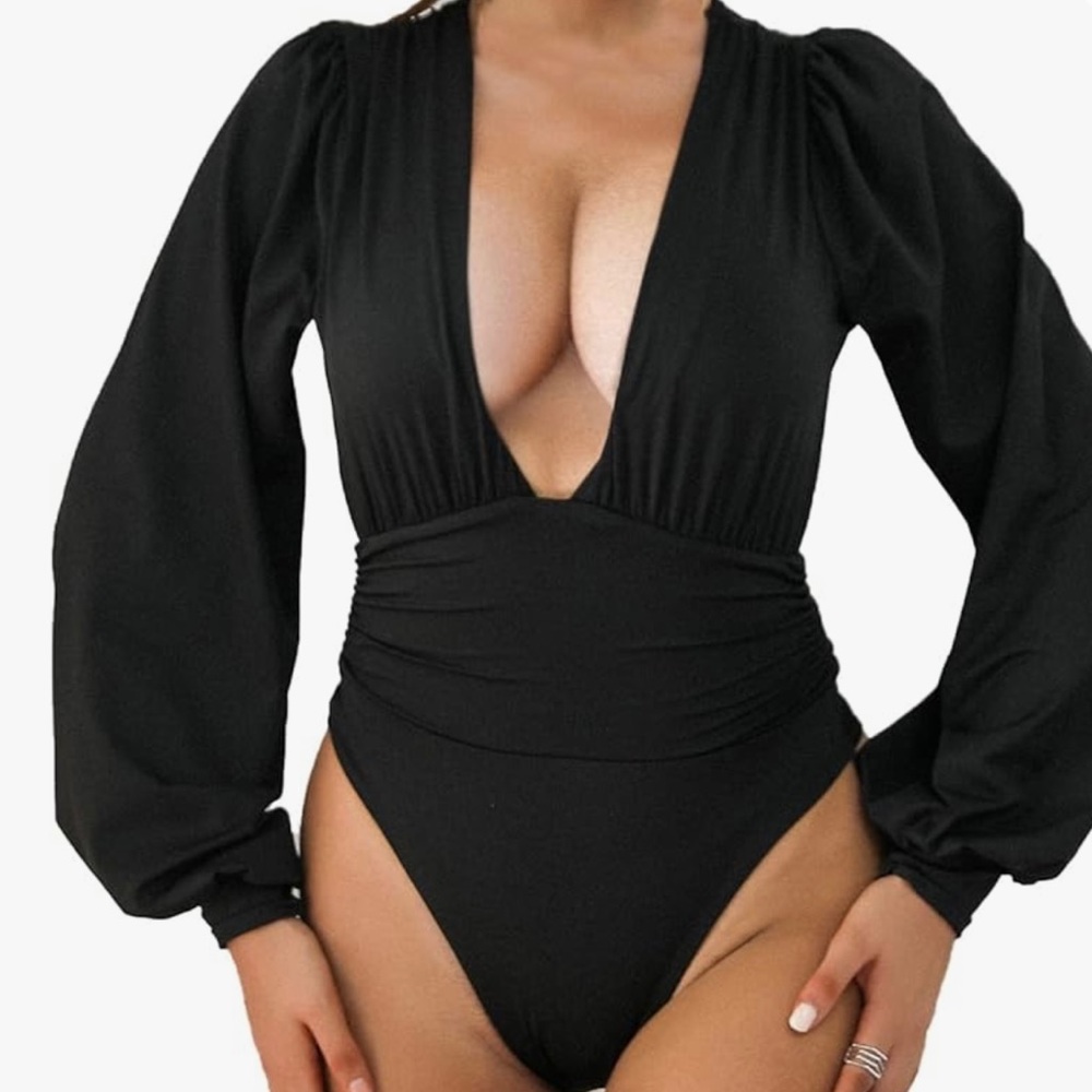 Sexy Ruched Plunge Neck Deep V Long Sleeve Bodysuit.